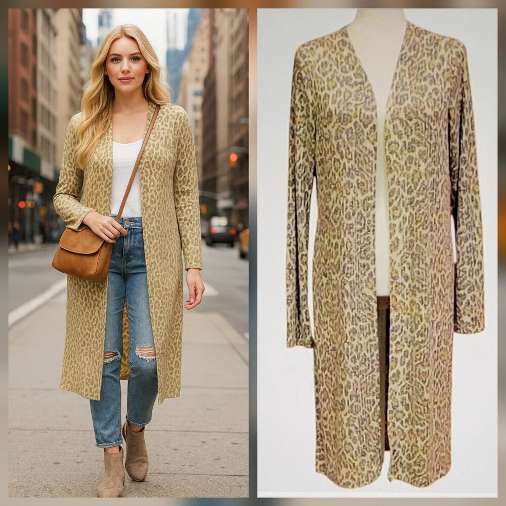 Longline Duster Length Lightweight Cardigan Boho Animal Print Open Front Sz L